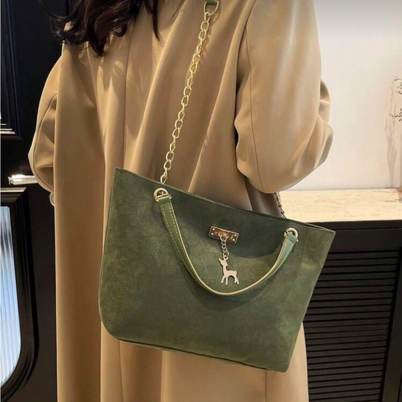 ⚠️Clearance Chain Shoulder Elegant Green Suede Tote Bag with Gold Chain - Picture 6 of 9